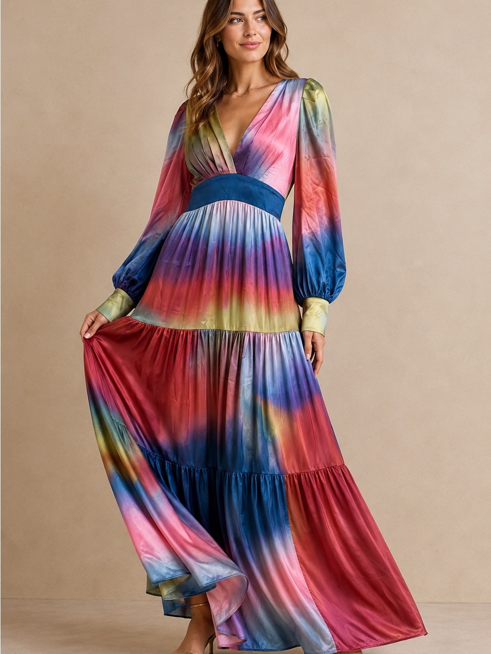 Hutch Watercolor Satin Maxi Dress Long Sleeve Tiered Boho Formal Small
